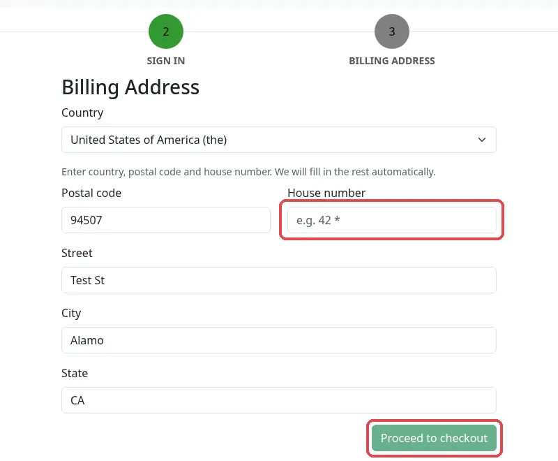 Desktop billing step: House number is empty and “Proceed to checkout” is greyed out.