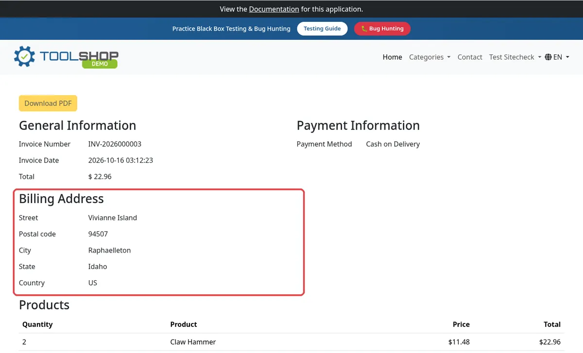 Desktop invoice INV-2026000003: the billing address reads Vivianne Island, Raphaelleton, Idaho.
