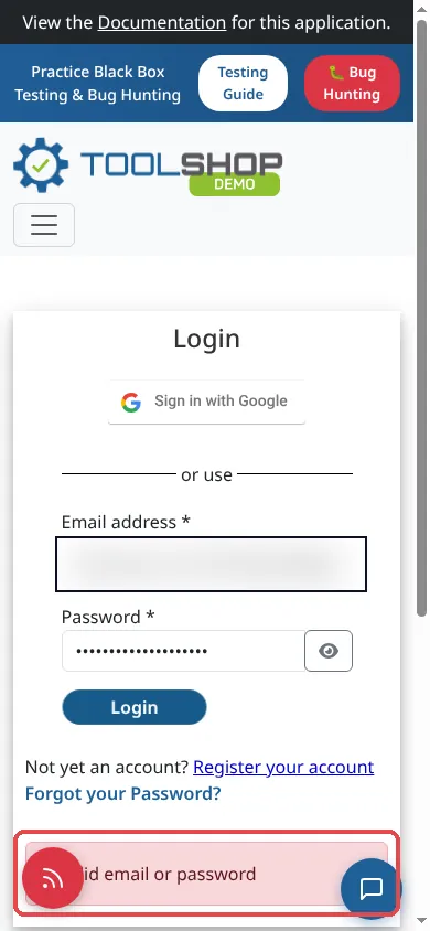 Login: the red button covers the start of the error message. (Test account email blurred.)