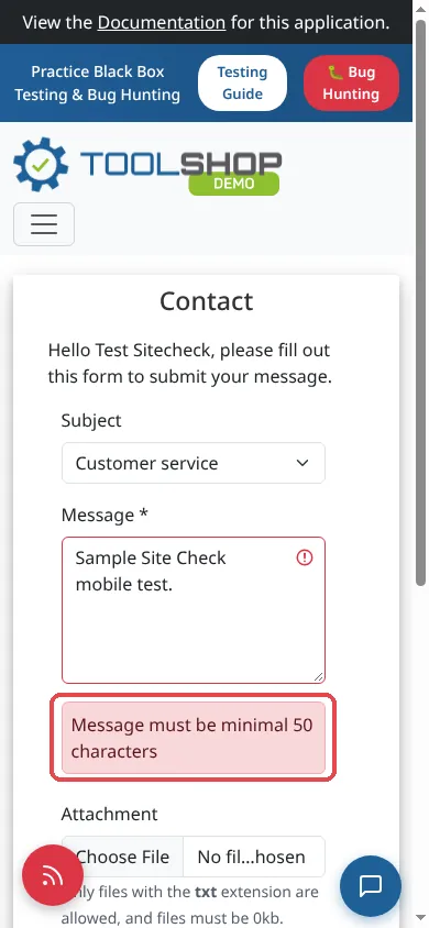 Mobile: a 30-character message gets the same error.