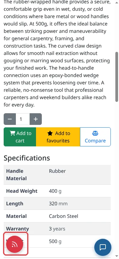 Product page: the red button sits over a row label in the specifications.