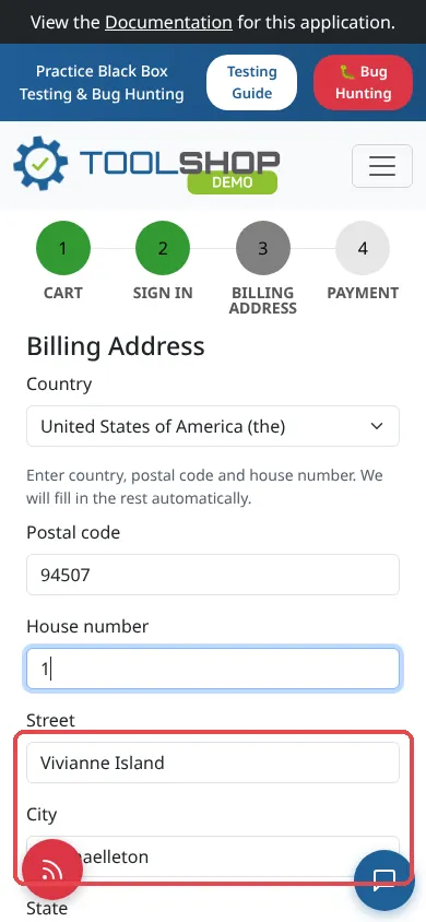 Mobile checkout: once house number 1 is typed, Street and City change to the fake address.