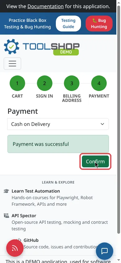 Mobile: after pressing Confirm, the page stays on the payment step with no message.