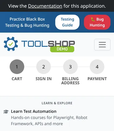 Mobile: checkout with an empty cart shows only the four steps.